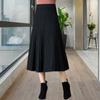 Women Pleated Skirt Elastic High Waist A-Line Midi Solid Color Mid-calf Length Skirt Thickened Commuting Style Skirt