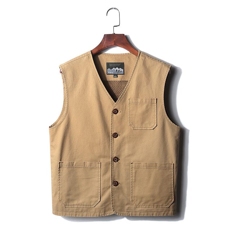 Extra Large Collarless Cotton Vest with Multiple Pockets for Spring/Autumn Outdoor Workwear
