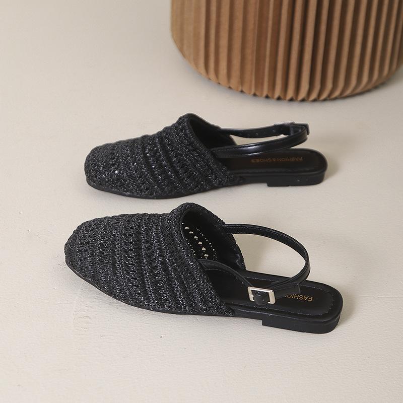 Соломенная плетеная сумка на толстом каблуке и с неглубоким вырезом, сандалии с открытой пяткой, женская обувь, весна-лето 2025, новые сандалии на плоской подошве с одним ремешком