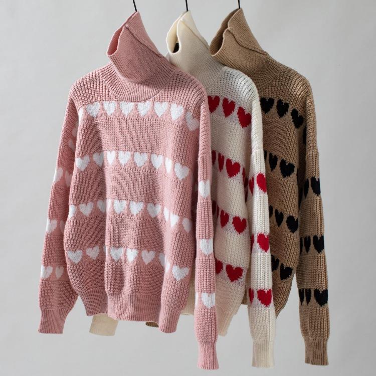 Vintage Heart Print Loose Knitwear Cardigan Stand Collar Sweater Long Sleeve Top for Autumn Winter
