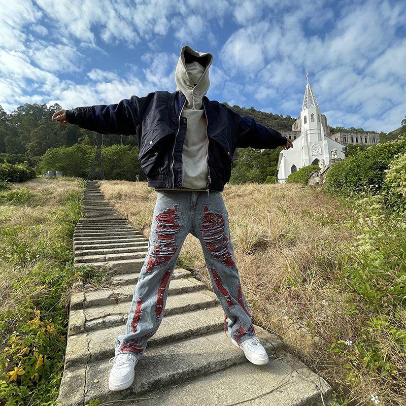 Hip-Hop Ripped Embroidered Jeans - Loose Fit, Trendy Niche Design