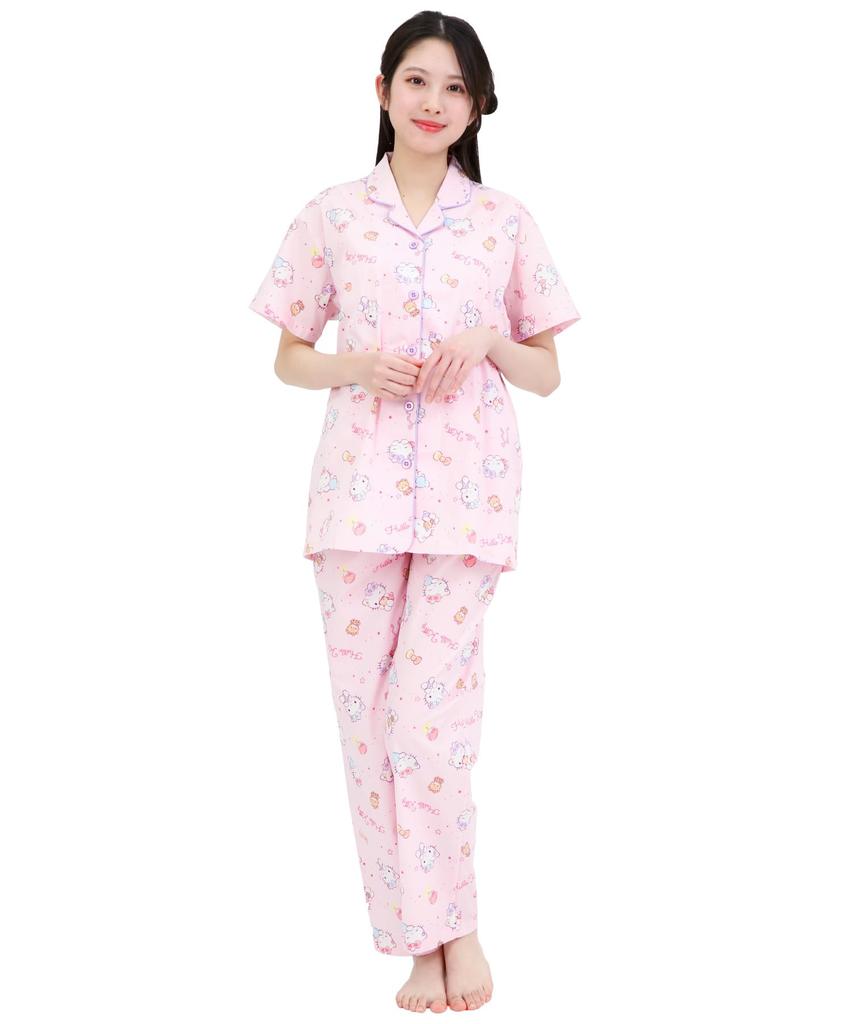 SAZAC Sleepy Hello Kitty Shirt Cotton Short Sleeve and Long Pants Set Pajamas, 100% Broadcloth, Women's (Pink/L/SAN1945)