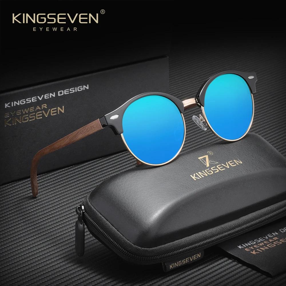 KINGSEVEN Модные солнцезащитные очки из грецкого ореха для мужчин и женщин, с защитой UV400, поляризационные, с круглой оправой, для бизнеса, вождения, путешествий, на открытом воздухе