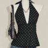 Sleeveless Lace-up Dots Camisole Deep V Neck Hanging Neck Top Halter Ruffle Vest  Summer