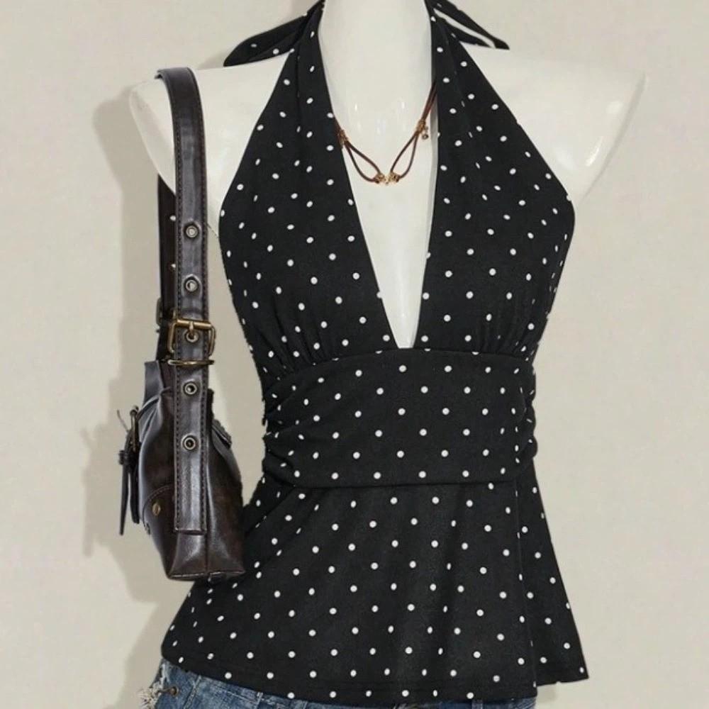 Sleeveless Lace-up Dots Camisole Deep V Neck Hanging Neck Top Halter Ruffle Vest  Summer