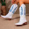Women Calf Boots Pull On Block High Heel Pull On Western Cow Girl Boots Faux Leather Shoes Woman Big Size