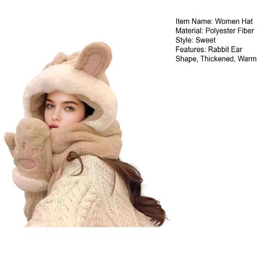 Women Hat Rabbit Ear Decor Thickened Warm 3 In 1 Hat Scarf Gloves Hiking Outings Shopping Winter Headwear
