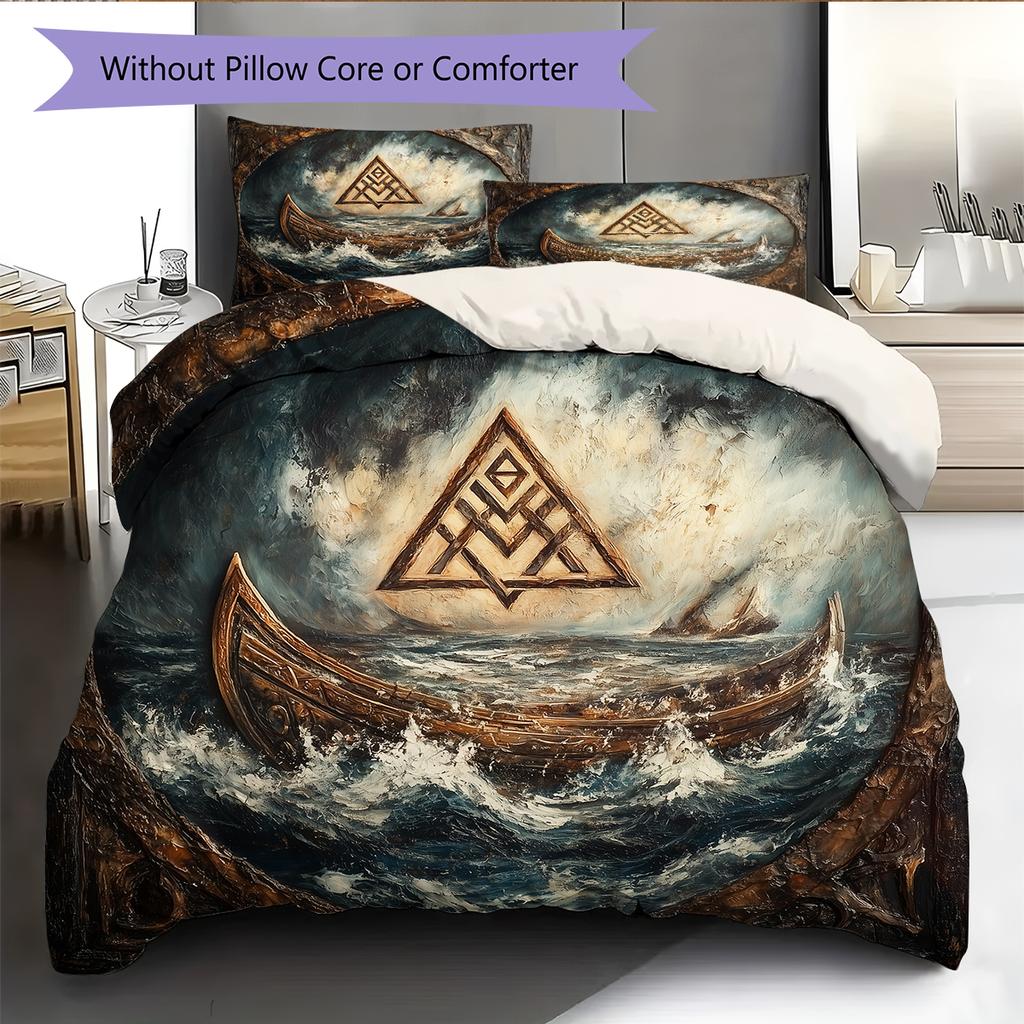 Постельное белье с узором «Драккар викингов» Домашний декор Подарок на день рождения (1 пододеяльник + 2 наволочки, без наполнителя)