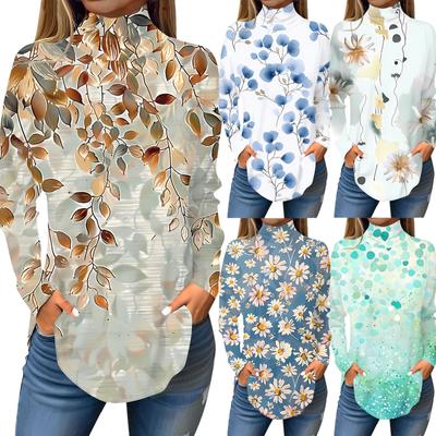 Женская модная повседневная футболка с длинным рукавом с высоким воротом и принтом, пуловер, топ