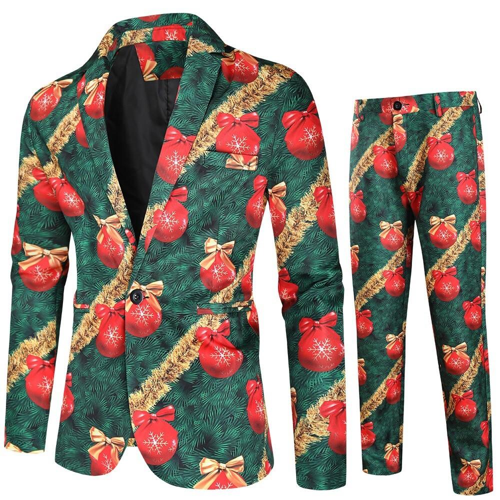 Print Suits Fashion Merry Christmas Men's Suits Jackets Casual Suit 2 Piece Suits(Blazers + Pants) Christmas Gift Set Men's Christmas Print Set Party