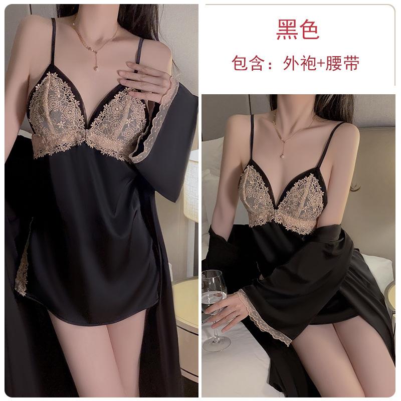 Women's Satin Lace Sheer Deep V Cami Sleep Dress with Robe Lounge Set