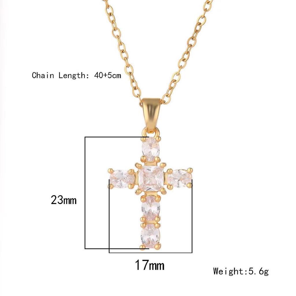 Zircon Cross Pendant Necklace: Gold Electroplated Titanium Steel, European & American Style, Elegant Female Design