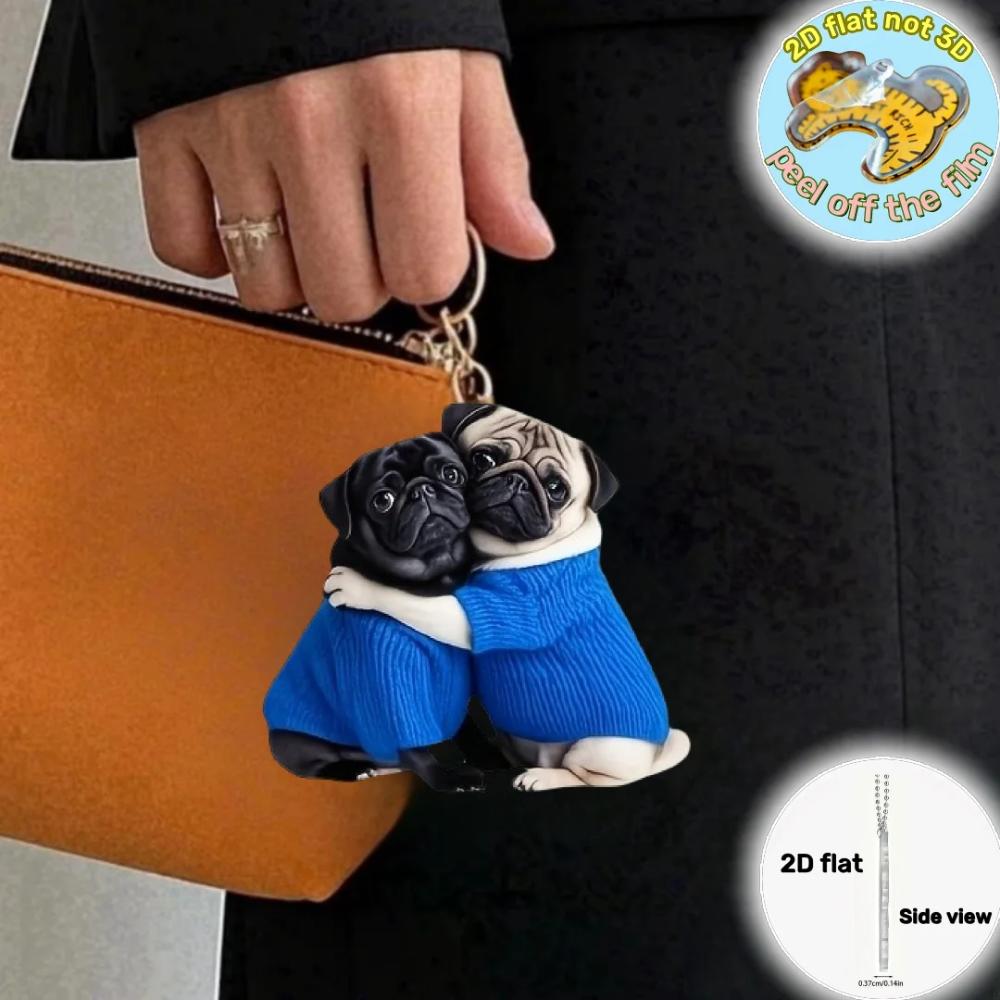 Hugging Pug Each Other Pendant Keychain,Puppy 2D Flat Acrylic Ornament Charm,Hanging Decoration for Car,Bags,Festive,Party,Gift