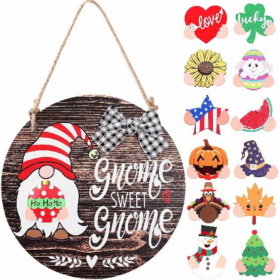 CYNOSA Interchangeable Seasonal Gnome Sweet Gnome Welcome Sign Front Door Decor Wooden Gnome Door Hanger, 12 Inches Farmhouse Wall Sign Gnome Decor