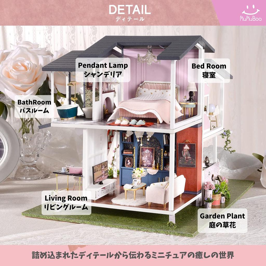 MuMuBoo Handmade Miniature Kit with Japanese Miniature Furniture DIY Includes LED Light and Dustproof Display Cover Dollhouse, Instructions, Kit,