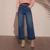 Womens High-Waisted Wide Leg Denim Pants Loose Fit Washed Cuffed Jeans Comfortable Casual Office Wear
