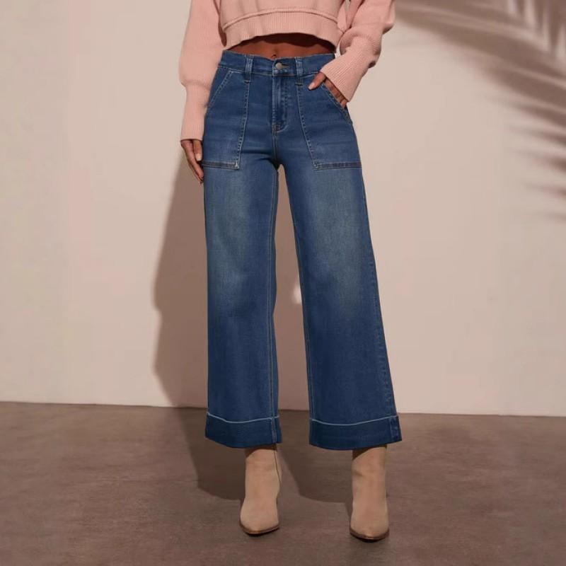 Womens High-Waisted Wide Leg Denim Pants Loose Fit Washed Cuffed Jeans Comfortable Casual Office Wear