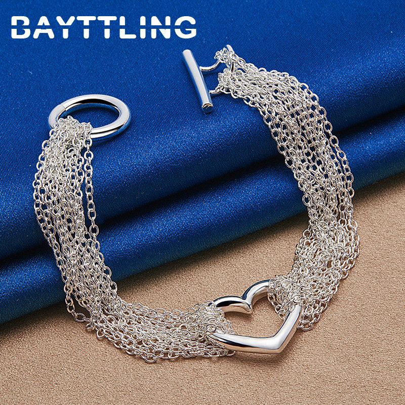 BAYTTLING 925 Sterling Silver Multi Thread Heart Bracelet Fashion Women High Quality Party Gift Jewelry Christmas Accessories