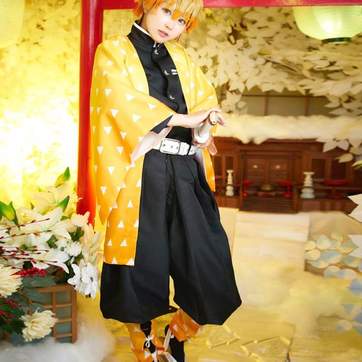 Аниме Kimetsu No Yaiba Косплей Костюм Demon Slayer Agatsuma Zenitsu Косплей Кимоно Накидки Брюки Топ Хэллоуин Костюм желтый