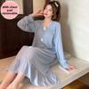 Women's Cute Sweet Long-Sleeve Nightdress with Chest Pad, Medium-Length, Plus Size Home Wear for Spring & Autumn