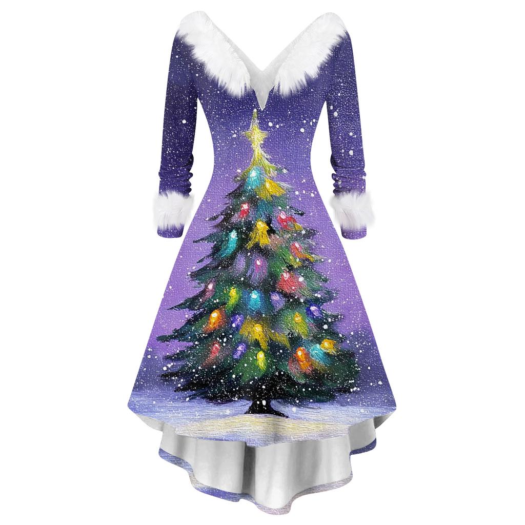 Women's Fashion Casual V-Neck Christmas Print Long Sleeve Dress