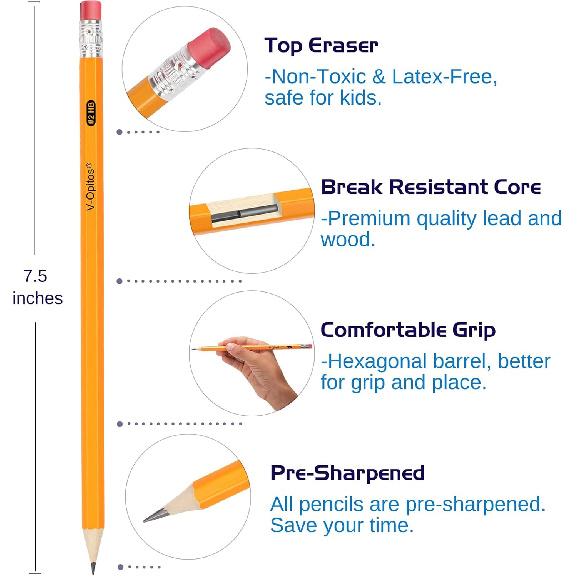 V-Opitos Wood-Cased #2 HB Pencils, 50 Pack Bulk Pre-Sharpened Yellow Pencils with Top Erasers, School Classroom Teacher Supplies, Writing, Drawing