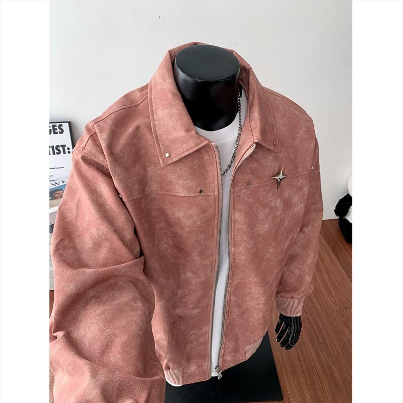 Mens Vintage Washed PU Leather Jacket With Metal Pin Detail Loose Fit Long Coat