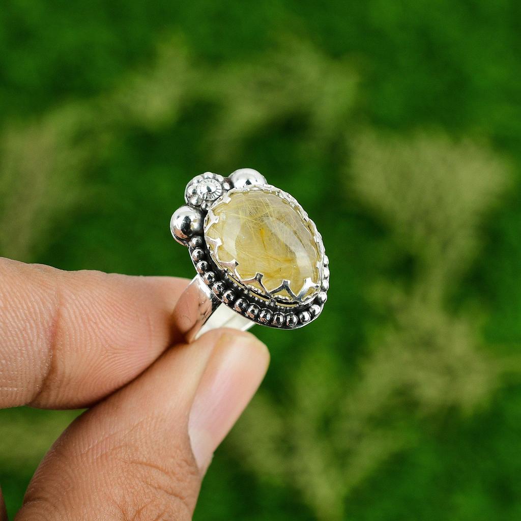 Подарок для нее Натуральный золотистый рутил Мультикамень Регулируемое кольцо 925 серебро