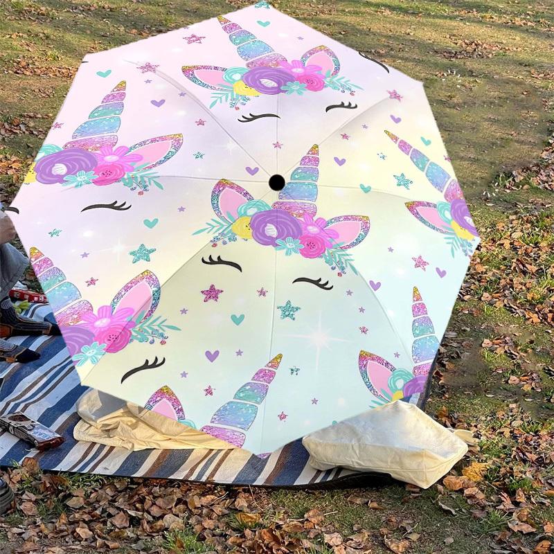 1PC Unicorn Flowers Umbrella-8-Rib Reinforced Portable Folding Travel Suitable for All Seasons Outdoor Daily Use -J0322