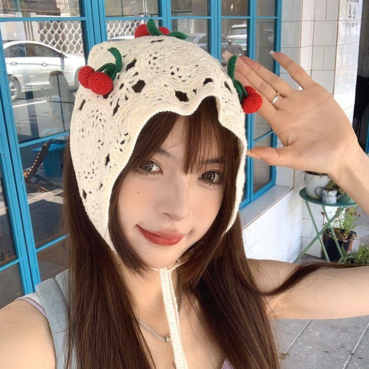 Ins милый сладкий треугольник полотенце женский сладкий прохладный вишневый выдолбленный ручной вязки повязка на голову допаминовый платок