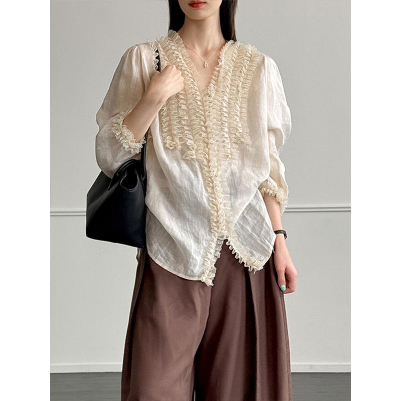 Tachibana Korean literary and artistic versatile fungus edge collar thin top age-reducing ramie shirt women's 17171 ramie new