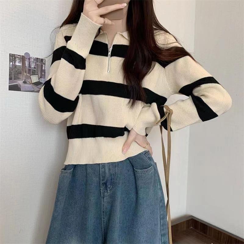 Collar Zipper Striped Long Sleeved Short Knit Sweater for Women In Autumn and Winter Wearing A Base Coat and A Top Sweater for Women