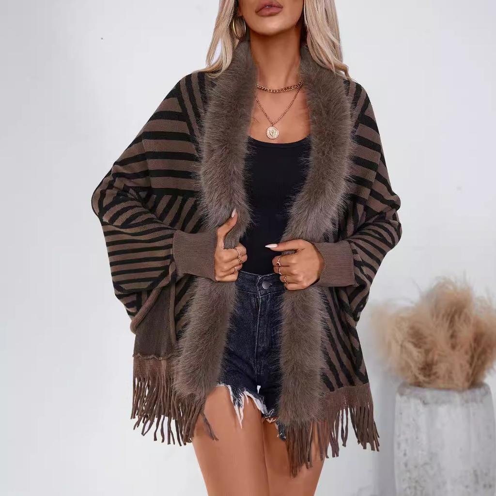 Women's Autumn and Winter Large-size Shawls Fashionable Striped Knitted Wool Collar Cardigan Loose Sweater Cape 5 Colors