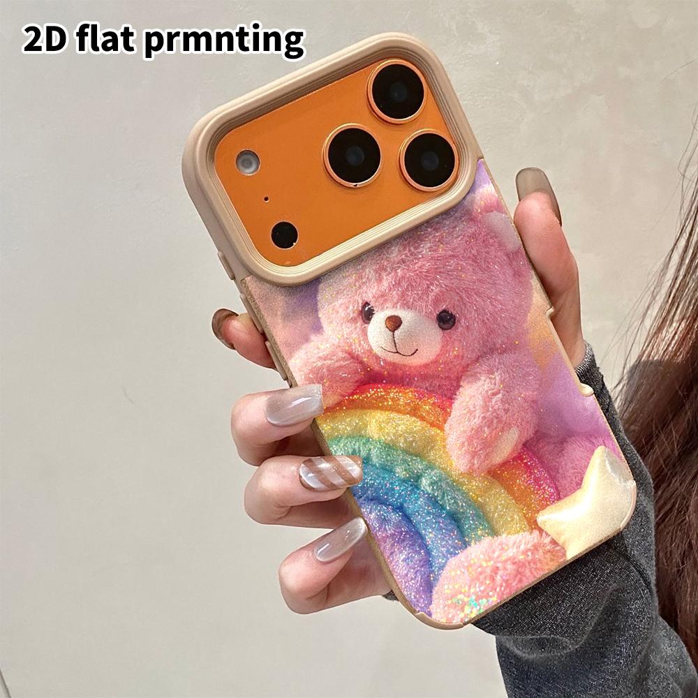 Phone Case: 2D flat lambskin suitable for iPhone 18, 17, 16, 15, 14, 13 Pro protective cases, rainbow little bear, colorful glitter bubbles, Christmas