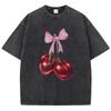 Womans Cotton Washed T-Shirts Fashion Distressed Loose Tee Shirts Carefully Packaged Cherries Prints Tops Casual Female Clothes