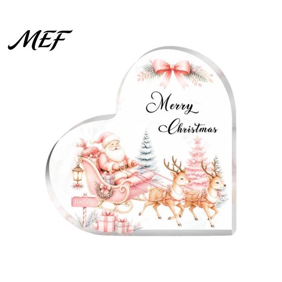 Christmas Table Decorations Heart Shaped Acrylic Tabletop Sign, 2D Winter Snow Scene Desktop Ornament Holiday Window with Santa, Snowman & Xmas House,