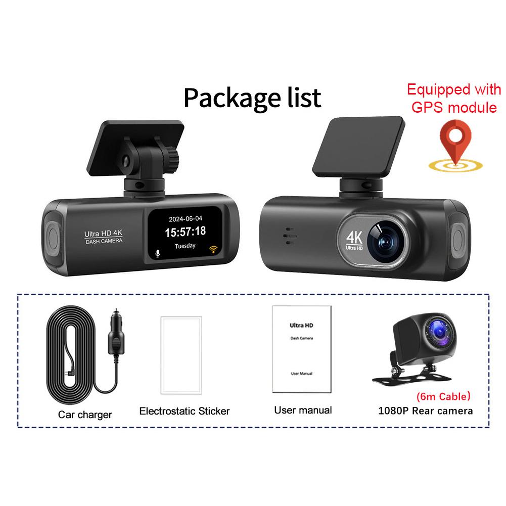 Видеорегистратор спереди и сзади 2.4G WiFi 4K+1080P и экран 1.47" Видеорегистратор с круглосуточным ночным видением, парковочным монитором, циклической записью, WDR GPS