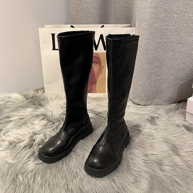 Обувь Женские кожаные сапоги Сапоги-женщины Сексуальные бедра Высокие каблуки Сексуальные круглые носки 2024 выше колена Женские низкие резиновые белые