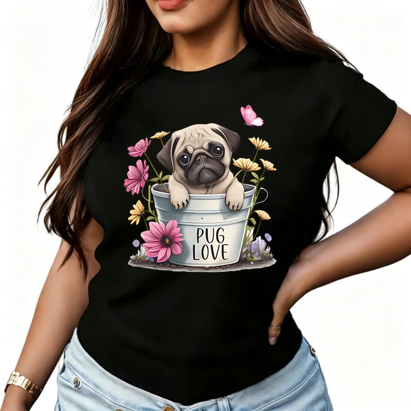 Pugs Womens TShirt Cotton Funny Graphic Short Sleeve Tee Novelty Shirt Casual Crew Neck Top SXl