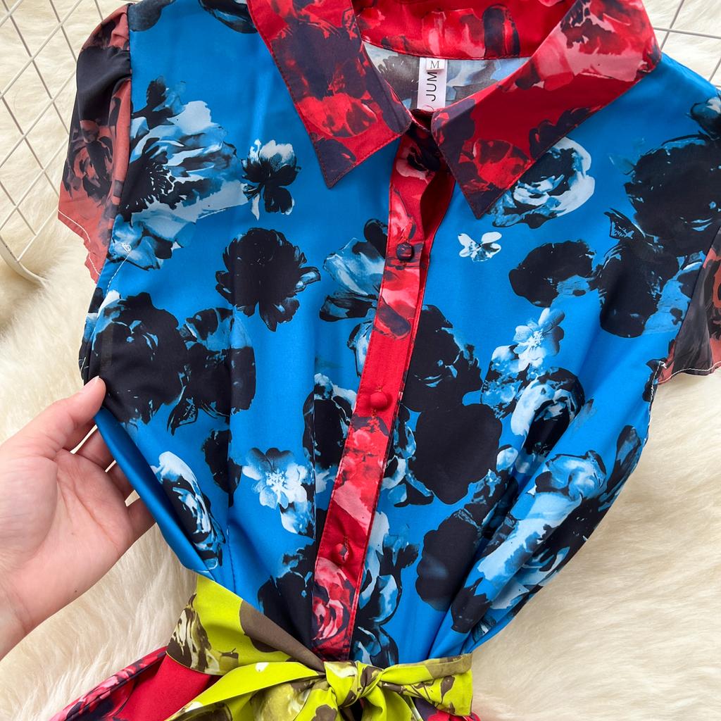 Summer Women Vintage Print Chiffon Turn-down Collar Shirt Single Breasted Holiday Beach Long Maxi Dresses