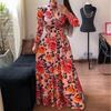 Fashion Womens Printing High Collar Long Sleeve Big Hem Skirt Casual Dress