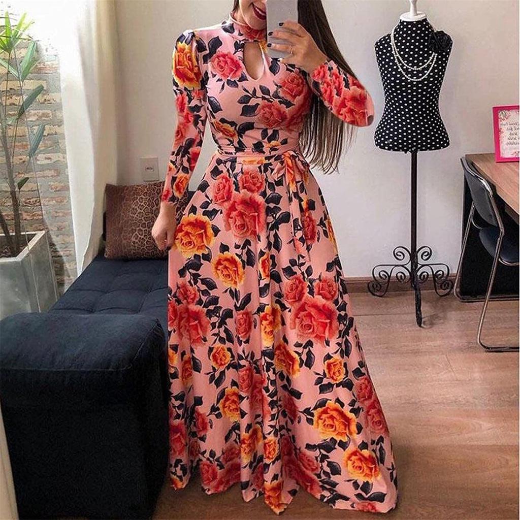Fashion Womens Printing High Collar Long Sleeve Big Hem Skirt Casual Dress