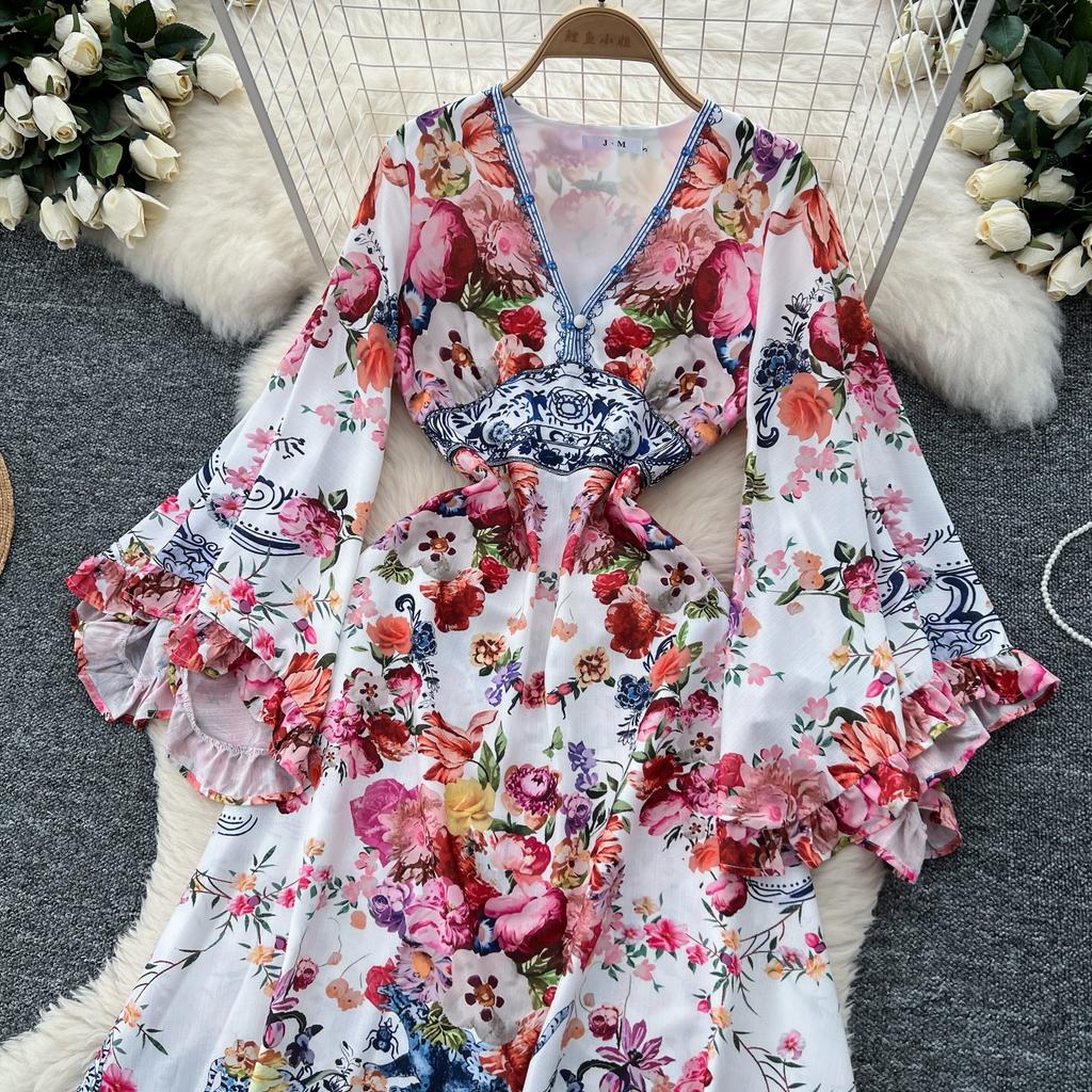 Весна Осень Женские Винтажные Принты V-образный вырез Расклешенные Рукава Длинные Макси Праздничные Пляжные Платья