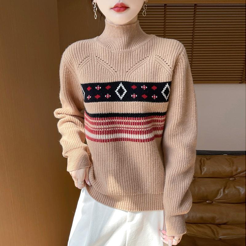 100% pure wool comfortable half height jacquard pullover sweater