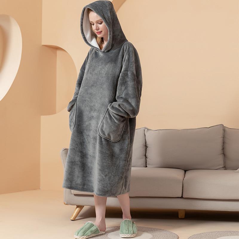 Женский фланелевый халат с капюшоном, свободная мягкая одежда для сна с двумя передними карманами, однотонная теплая ночная рубашка с капюшоном, зимняя домашняя одежда, халаты, ночные рубашки