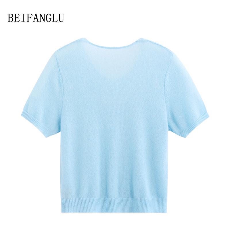Northern Deer Spring Alpaca Wool V-neck Knit Short Sleeve - Soft & Light for Spring/Summer