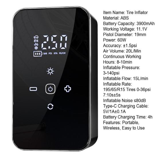 Wireless Tire Inflator Portable Air Compressor Digital Display Portable Rechargeable Auto Shut-off Smart Cordless Air Pump