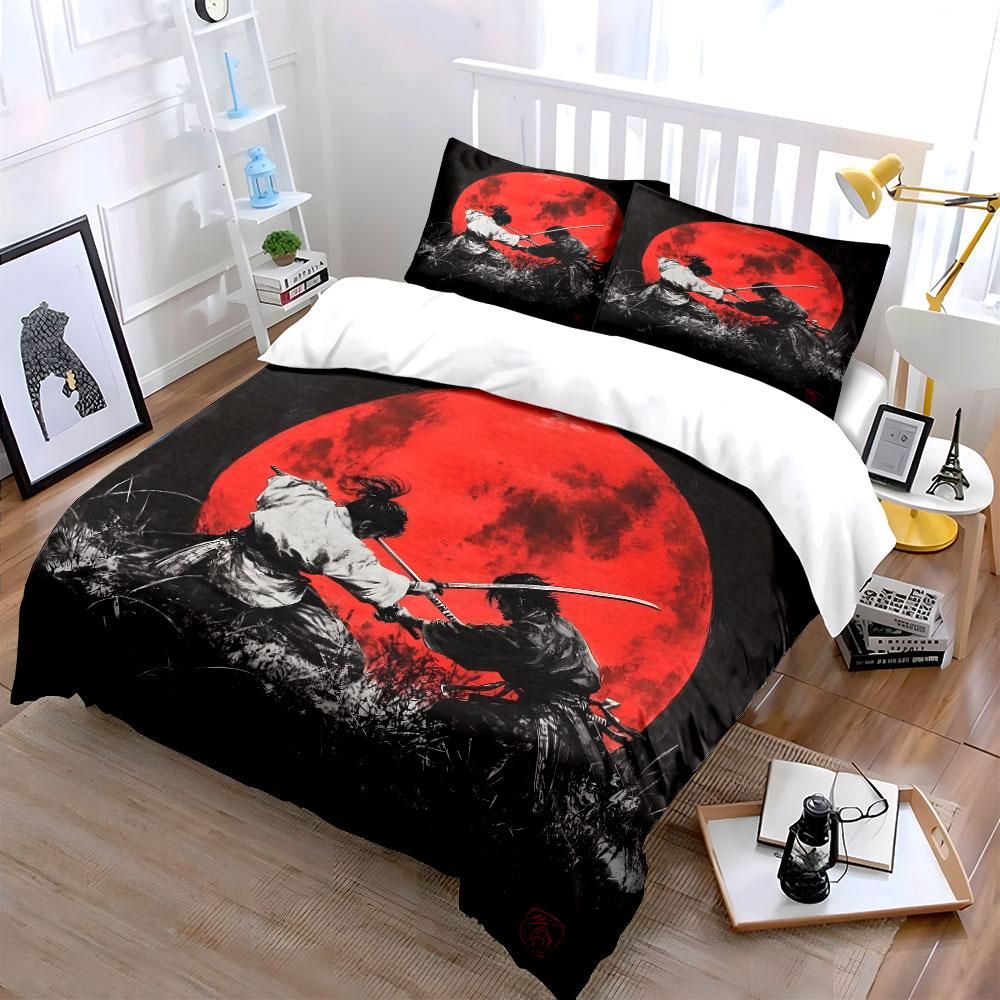 Samurai Duel Under Red Moon Bedding Duvet Cover Set (1*Duvet Cover 2*Pillowcases, without duvet insert)