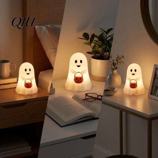 Indoor Outdoor Halloween Accents Cute Ghost Holding Pumpkin Bucket Table Lamp, Spooky Bedside Festival Atmosphere Supplies Small LED Night Light
