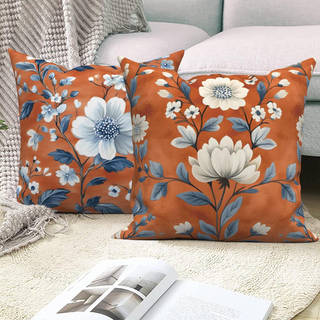 4Pcs Rustic Orange Blue Floral Pillow Covers Vintage Botanical Cushion Cases Farmhouse Decorative Pillowcase For Home Decoration